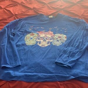 Port and Company Blue Long Sleeve Tee with Sugar Skull Design